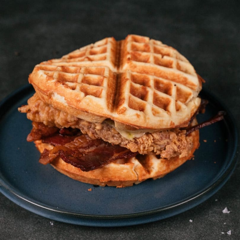 A chicken and bacon waffle sandwich on a blue plate, from The Operators Club.
