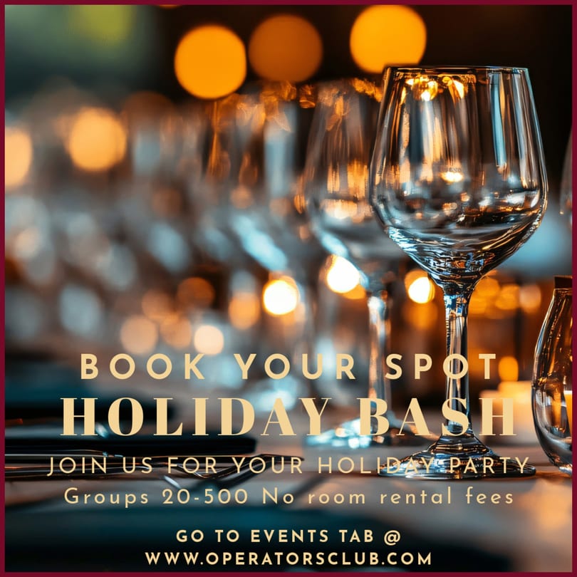 Elegant table setting with wine glasses and blurred warm lights, advertising a holiday bash at The Operators Club.